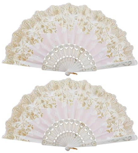 Folding Hand Fans,2 Pcs Butterfly Pattern Handheld Folding Fan for Women Men,White Lace Chinese Fan,Chinese Silk Fabric Handheld Fan for Wall Decoration Dancing Wedding Festival Party Gift