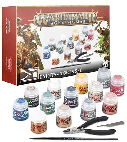 Paints Tools Set Warhammer Age of Sigmar - Juego de colores y herramientas para montar y pintar miniaturas Citadel con alicates, pincel de inicio y lima