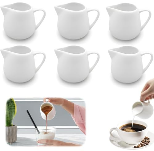 Dhqkqg 6Pcs Small Milk Jug, 110ml/3.9oz White Ceramic Milk Jugs with Handle, Milk Frothing Jug, Milk Creamer Pitcher, Gravy Jug for Serving Milk Cream Sauce Gravies, Milk Pots for Kitchen Office Café