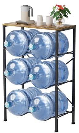 bimiti Water Jug Holder 3-Tier Water Jug Rack Double Row 6-Tray 5 Gallon Heavy Duty Water Jug Stand with Top Shelf Carbon Steel Water Bottle Organizer with 6 Slots for Kitchen, Office, Living Room