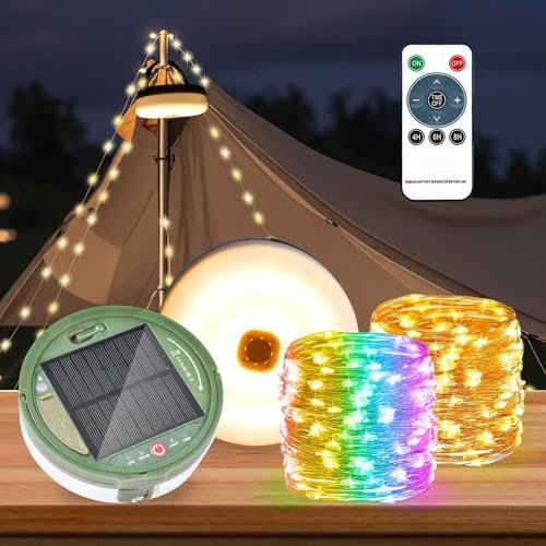 10m Solar Camping Lichterkette,Warmweiß+RGB Outdoor Campinglampe,Außenlichterketten mit 13 Beleuchtungsmodi,Solar&USB Aufladung,130Leds Tragbare Campinglampe für Camping,Garten und Wandern