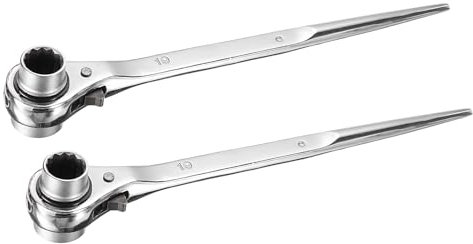 sourcing map 19 x 24mm 12-Point Scaffold Podger Ratchet Spanner Ratcheting Socket Wrench Tool (Silver Tone) 2pcs