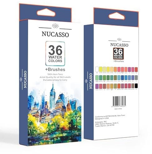 NUCASSO Watercolour Paint Set – 36 Vibrant Colours in Travel Box | Palette with 7 Premium Brushes | Ideal Set for Students, Hobbyists & Artists