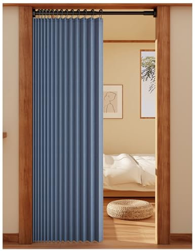 APMOE Tenda per Porta Tenda Oscuranti con Asta Telescopica, Tende Pieghevoli a Fisarmonica, Tende Termiche Isolanti per Interni, Tenda Separa Ambienti(Blu,Rod 100-120cm/curtain 120x200cm)