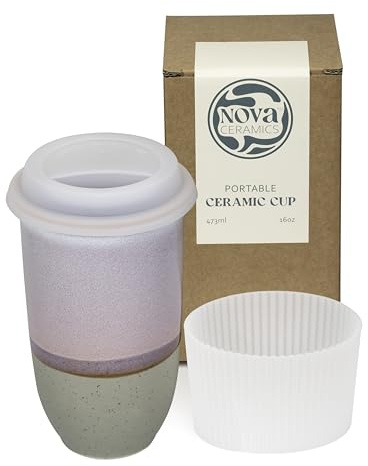 NOVA CERAMICS Coffee Travel Mug – Reusable to Go Mug – Microwave & Dishwasher Safe White & Purple Tumbler - Gifts for Women Men Him Her – 475ml – Horizon