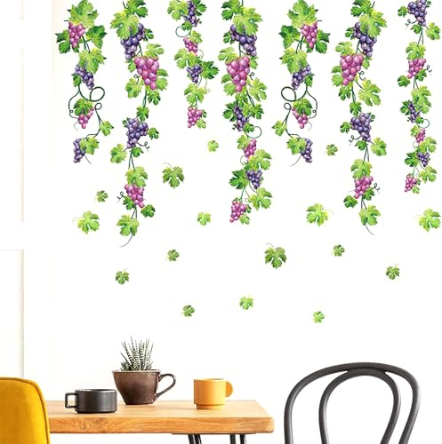 duoyif Stickers Muraux Verte Pendaison Vigne Raisin Autocollant Mural Feuilles Plantes Raisin Lierre Décoration Murale Stickers Muraux Cuisine Salon Chambre Salle De Bain Bureau (Raisin vigne)