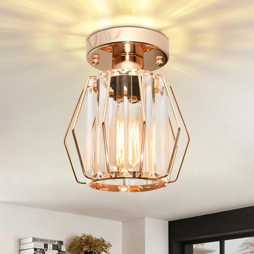 Mlihove Hallway Ceiling Lights Crystal Lighting, Gold Samll Chandelier Modern Semi Flush Mount Ceiling Light Fitting for Entryway, Hall, Kitchen, Entrance, Bathroom