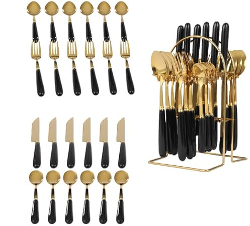 24pcs Mixed Cutlery Set Stainless Steel Ceramic Handle Tableware Dinnerware Set with Storage Stand-Knives/Spoons/Forks/Teaspoons for Family, Restaurants, Restaurants, Parties (Pure Black+Gold)