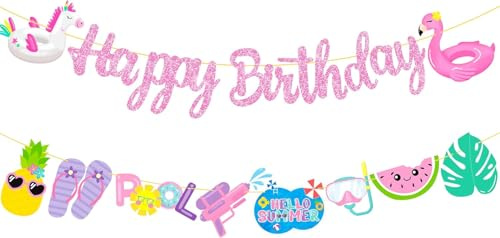 Pool Geburtstag Party Sommerbanner, Glitter Hawaii Girlande Sommer Tropical Theme Flamingo Ananas Dekorationen Beachparty Dekorationen Hawaii Banner Happy Birthday Banner (A)