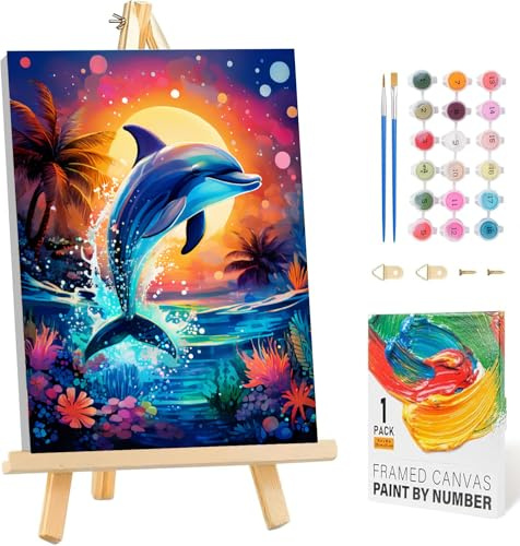 Malen Nach Zahlen Kinder mit Rahmen und Holzstaffelei, Delphin 20x30cm | Delphin Malen Nach Zahlen ab 5 6 7 8 9 10 Jahre Mädchen, Diy Acrylfarbe Paint by Numbers Tiere für Anfänger für Home Décor