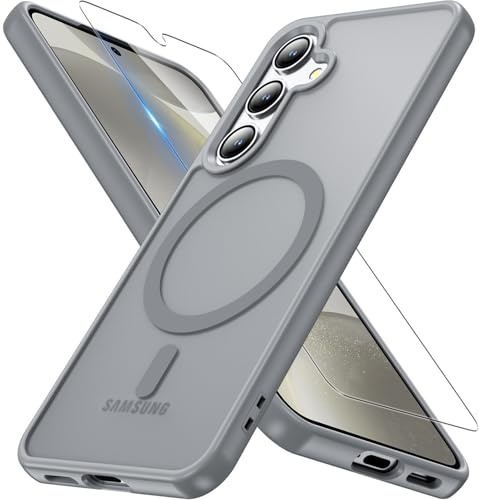 BESINPO Magnetisch Für Samsung Galaxy S24 Hülle Mit Panzerglas Glas, S24 Hülle Kompatibel Mit MagSafe Militärschutz Handyhülle Für S24 Matt Transluzente Schutzfolie Schutzhülle Cover Case(Grau)