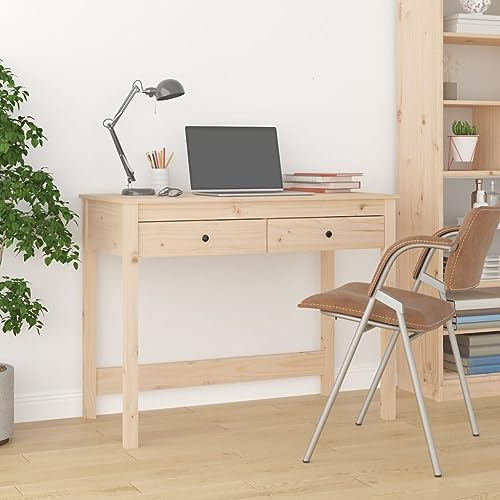 QJBSAVVA Brown 100 x 50 x 78 cm Solid Pine Wood Desk with 2 Drawers, Vintage Study Table & Workstation for Home Office, Bedroom or Gaming Setup