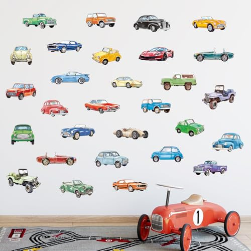 FUFUQUARE Classic Car Wandtattoo Rennauto Wandaufkleber Wasserfarben Autos Wandsticker Wanddeko für Kinderzimmer Jungen Babyzimmer Schlafzimmer