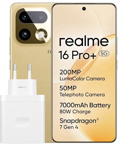 realme 16 Pro+ 5G Smartphone, 8+256GB, Pantalla Curva AMOLED 144Hz 6,8 de 6500 nits, Cámara 200MP OIS, IP69K, Batería 7000mAh, 80W Ultra Rápida, Snapdragon® 7 Gen 4, Móvil con Next AI, Oro