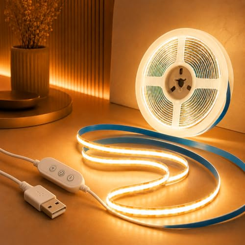 COB LED Strip Lights 3 m (9.84ft), Warm White 2700K, USB Powered 5V Flexible Dimmable Light Strip 8mm Wide, CRI90+, Dotless 320 LEDs/M, TV Backlight for Bedroom Kitchen Under Cabinet Home Decor