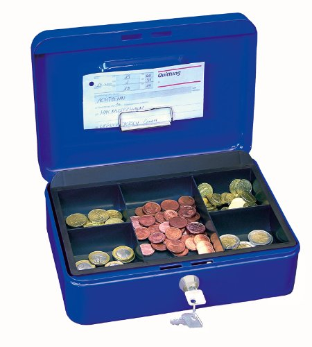 Wedo 145303H Geldkassette (aus pulverbeschichtetem Stahl, versenkbarer Griff, Geldnoten- und Belegeklammer, 5-Fächer-Münzeinsatz, Sicherheits-Zylinderschloss, 25 x 18 x 9 cm) blau