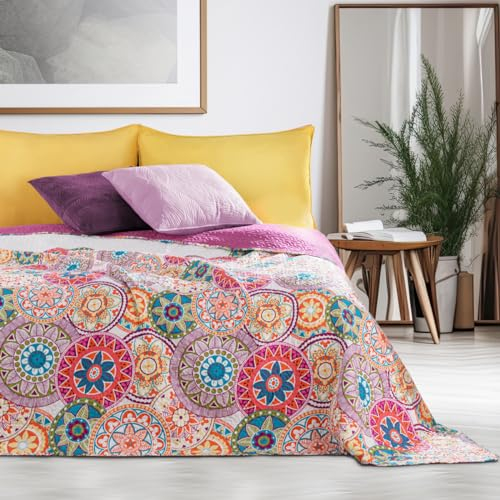 DecoKing Copriletto Reversibile Trapuntato Mandala Motivo Indiano Orientale Porpora Fucsia Bianco Arancione Rosso Verde Bibi, 220x240 cm