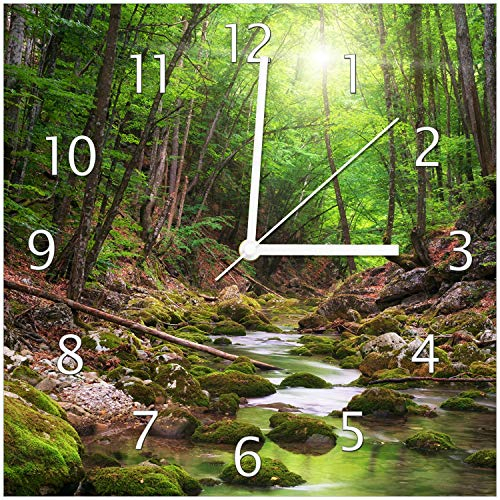 Wallario Design-Wanduhr Fluss im Wald aus Glas, Motiv-Uhr Größe 30 x 30 cm, weiße Zeiger