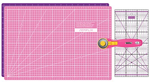 SEMPLIX Schneidematten Set - Schneideunterlage 45 x 30 cm (A3), Rollschneider Maxi 45 mm, Patchwork Lineal 30x15 cm (pink/lila)