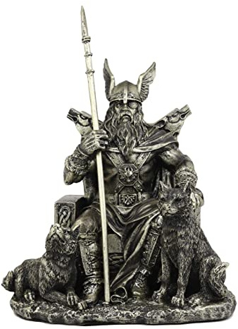 Ebros Gift Nordische Wikinger Mythologie Odin Der Alvater sitzt auf einem Thron mit Zwei Wolfshunden Statue Norselandische Folklore Thor Ragnarok Trilogie Wotan Dekofigur 26,7 cm hoch