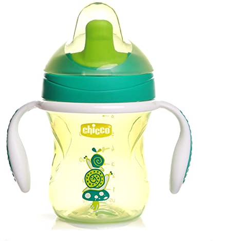 Chicco Training Cup, 1 Bicchiere Antigoccia Bambini 200 ml, Una Tazza 6+ Mesi per Imparare a Bere, con Beccuccio Ergonomico Semi-Soft, Valvola e Manici Rimovibili - Verde/arancione, Colori Assortiti
