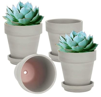 vensovo 15CM Gray Terracotta & Clay Pots for Plant with Saucer - 4 Pack Medium Terra Cotta Planter with Drainage Hole, Flowerpot for Indoor Outdoor Plants, Crafts, Wedding Favor