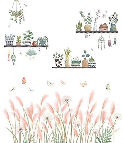 Wandtattoo Rosa Schilf + Topfpflanze (je ein Set) Wandsticker für Wanddekoration Schlafzimmer Wohnzimmer Flur Kinderzimmer Windows Tür Glas Kunst DIY Wohnkultur Wandaufkleber Wandbilder