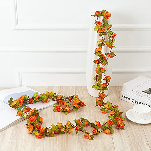 LIJUCAI 2,5 Mt Rose Künstliche Blumengirlande Weiß für Hochzeit Zuhause Raumdekoration Frühling Herbst Garten Bogen Dekor DIY Gefälschte Blumen Rebe, Herbst orange