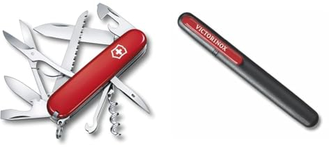 Victorinox, Huntsman, coltellino svizzero (15 funzioni, forbici, seghetto per legno, cavatappi) colore rosso & affilatrice doppia, legno, nero/rosso, misura unica