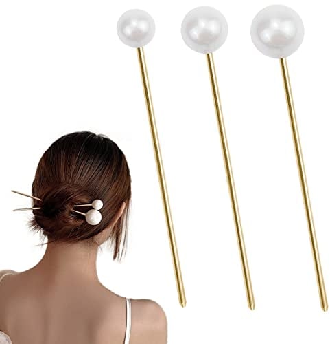 3 Pcs Pearl Hair Pins Minimalist Hair Metal Hair Stick Elegant Chignon Pins Updo Chopsticks Gold Hair Jewelry for Women and Girls