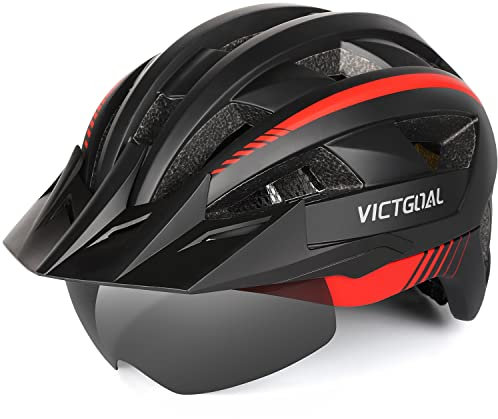Victgoal Bike Helmet for Men Women with Led Light Detachable Magnetic Goggles Visor Mountain & Road Bicycle Helmets Adjustable Size Adult Cycling Helmets (M: 21.3-22.8 inch (54-58 cm), Black Red)
