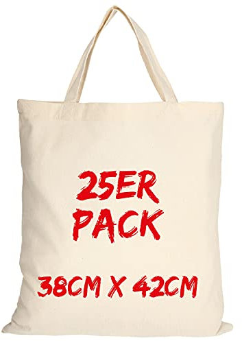 TEXXILLA Baumwolltasche - 25er Pack | Natur | mit Zwei kurzen Henkeln | 38x42cm | Jutebeutel | Einkaufstasche | unbedruckt