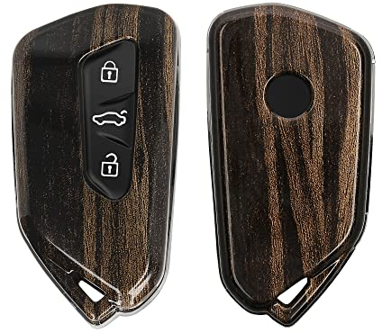 kwmobile Autoschlüssel Hülle kompatibel mit VW Golf 8 3-Tasten Autoschlüssel - Hardcover Schutzhülle Schlüsselhülle Cover Holz Maserung Braun