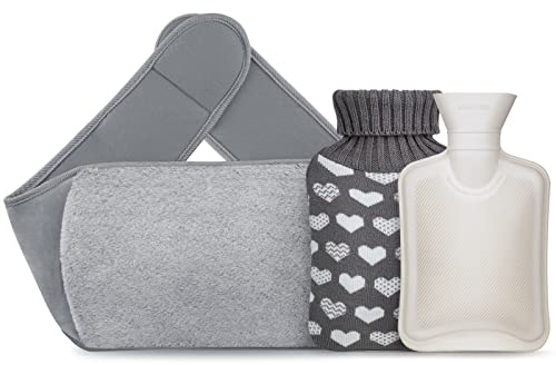ONODIRY Hot Water Bottle with Knitted Cover, 1L Hot Water Bag for Hand Feet Warmer, Hot Water Bottle Belt for Pain Relief, Back, Neck, Waist and Shoulders, Grey with Cover, (Grey)