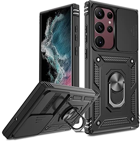 LeYi Armour Case for Samsung Galaxy S23 Ultra with Camera Lens Slide, Military Grade Protective Shockproof Rugged Phone Cover with Ring Stand Holder | Camera Protection | Rotatable Kickstand Black
