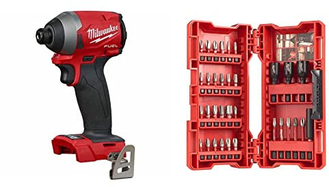 Milwaukee 4933464087 M18FID2-0 18V Impact Driver GEN 2 Body Only - Black-Red & 4932430905 Shockwave Impact Bits and Nut Drivers Set (33 Piece), Red