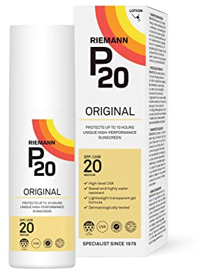RIEMANN P20 Original LSF20 Lotion 100 ml, fortschrittlicher Sonnenschutz, hohe Leistung, dreifacher Schutz + Schweißresistenz, schützt bis zu 10 Stunden, sehr wasserabweisend, mittleres UVA-Niveau