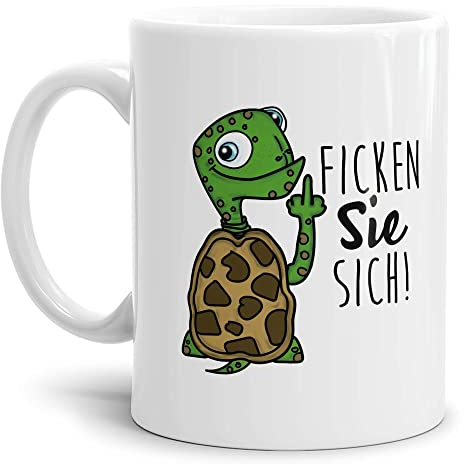 Tassendruck Tasse mit frechem Motiv - Schildkröte zeigt Mittelfinger Ficken Sie Sich - Geschenke für Freunde und Kollegen zum Geburtstag, Weihnachten | Spruch-Tasse Weiß, 300ml