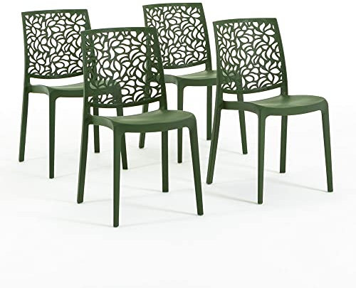 Sillas de resina moderna apilables de polipropileno con fibra de vidrio, para interior, cocina o comedor, exterior y jardín, sillas de restaurante y contract - Anna (4 Sillas, Verde oliva)