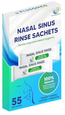 PLUSQMED Boîte de 55 sachets de sel de rinçage nasal de 2,7 g, sel de pot Neti, sel d'irrigation nasale, soulagement des sinus, lavage nasal.