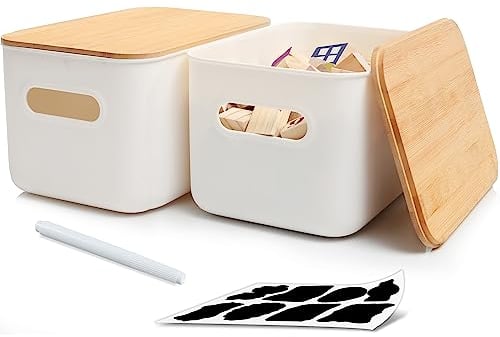 Bienvoun 2 PCS Storage Box with Wood Lids Bathroom Kitchen Plastic Storage Basket with Lid Stackable Storage Box with Handle White 6.5L, 25.7 x 17.7 x 15.5 cm