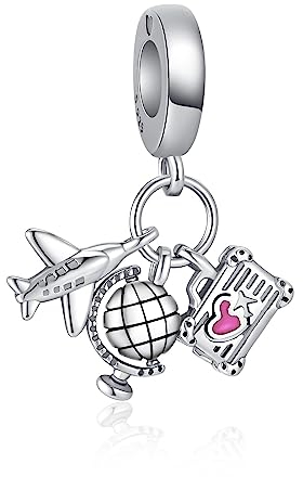 Alstiva Flugzeug, Globus und Koffer Charm-Anhänger 925 Sterling Silber 5A Zirkonia Charm Anhänger für Armband Charm Bead Pendant für Europäische Armbänder Halsketten Schmuck Geschenk für Damen Frauen