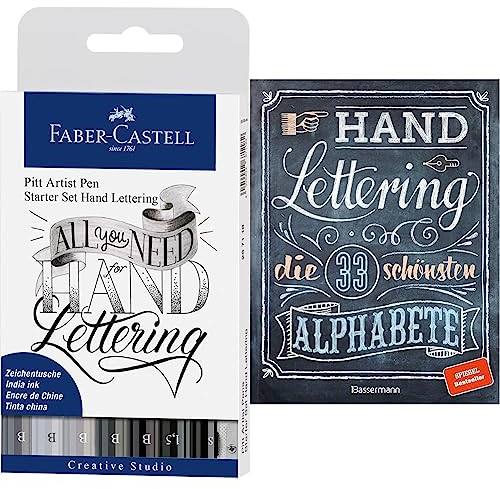 Faber-Castell 267118 - Tuschestift Lettering Starter Set, 9-teilig & Handlettering. Die 33 schönsten Alphabete mit Rahmen