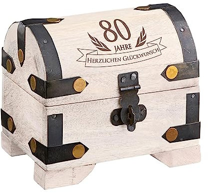 Kleine Schatztruhe mit Gravur zum 80. Geburtstag, Weiße Schatzkiste, Geburtstagsgeschenk, Geschenkbox mit Deckel, Dekorative Holztruhe, Geschenk Holzkiste mit Deckel, Verpackung für Geldgeschenke