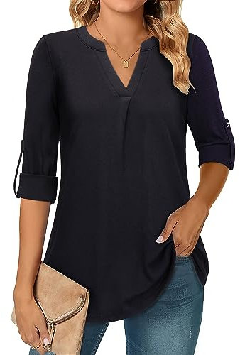 Amrto Top Damen Kleidung Schwarze Tops Damen 3/4 Arm Top Damen Elegant Blusen Basic-Longtop Casual Top Schwarz Damen Elegant Top Damen Modern Top V Ausschnitt Damen Blusentop Damen Basic Tops, S