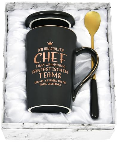Joymaking Keramik Kaffeetasse mit Spruch - Ich bin stolzer Chef eines wahnsinnig fantastischen Teams - Chef Tass Geschenke zum Geburtstag Abschied Rentenbeginn Geschenk, Schwarz