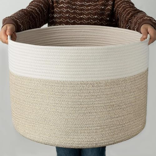 COSYLAND Panier à Linge 76L en Corde de Coton, Corbeille à Linge Sale avec Poignées 48x48x33cm, Bac de Rangement pour Vêtements, Jouets, Serviettes - Pour Chambre ou Salle de Bain - Marron/Blanc