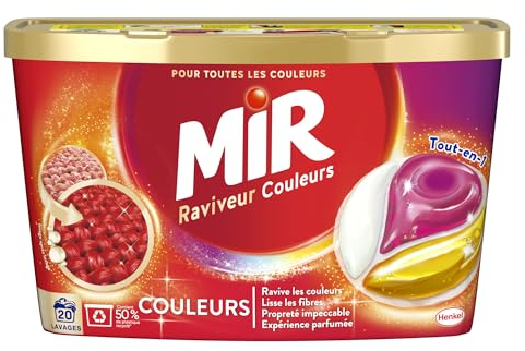 Mir - Lessive Capsules Couleurs - Raviveur - Formule 3en1 - Couleurs - Fibres - Fraîcheur- Nettoie avec Soin- Couleurs Ravivées - Fibres Lissées - Anti-Bouloche - Pour Toutes les Couleurs - 20 Lavages