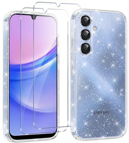 Votvloay Cover Glitter per Samsung Galaxy A15 4G / 5G 6,5'' con 2 Pellicola Protettiva in Vetro Temperato, Aesthetic Brillantini Antiurto Custodia, Morbido TPU Case per Samsung A15, Trasparente
