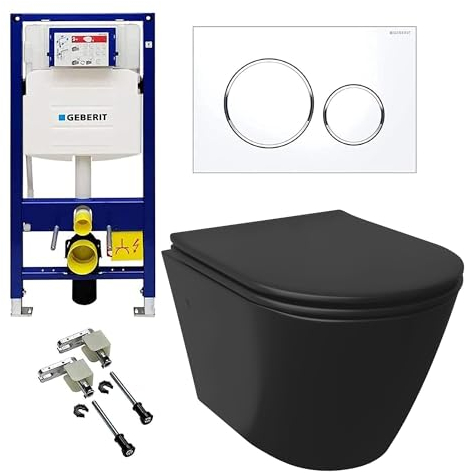 Alpenberger Kit complet de WC suspendu - WC noir mat sans bord - Avec réservoir de chasse d'eau Geberit Duofix - Kit de montage et plaque de déclenchement - Réservoir de chasse encastré - WC mural